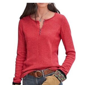 Sundance Women's Long Sleeve Button Neck Knit Top Shirt Henley Sweater Red